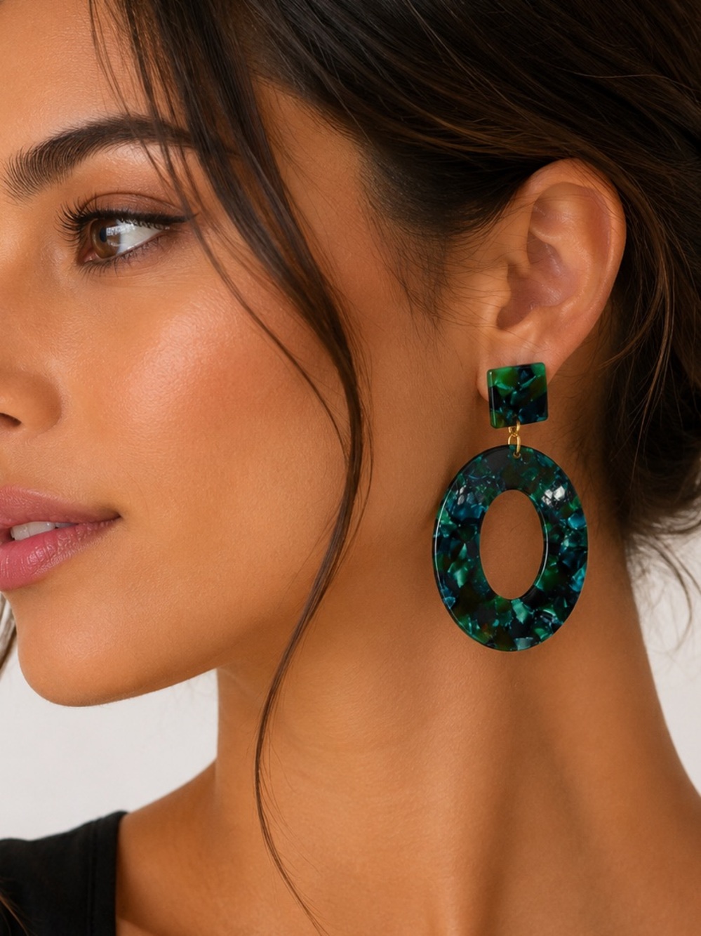 Geometric Funky Green Dark Marbled Acrylic Oval Hoop Statement Dangle Earrings